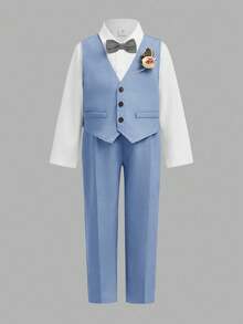 3 件套年轻男孩绅士装：卡其色背心、松紧腰裤、领结和长袖衬衫套装，春夏 - 藍色 - 查看 2
