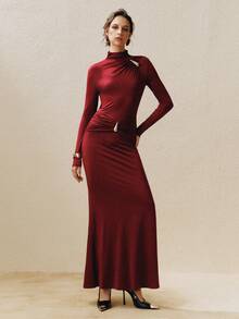 EMERY ROSE Vestido elegante de mujer para citas con cuello simulado con botones metálicos fruncidos, diseño de cintura ajustada, hecho de tela de punto elástica - Burdeos - Ver 3