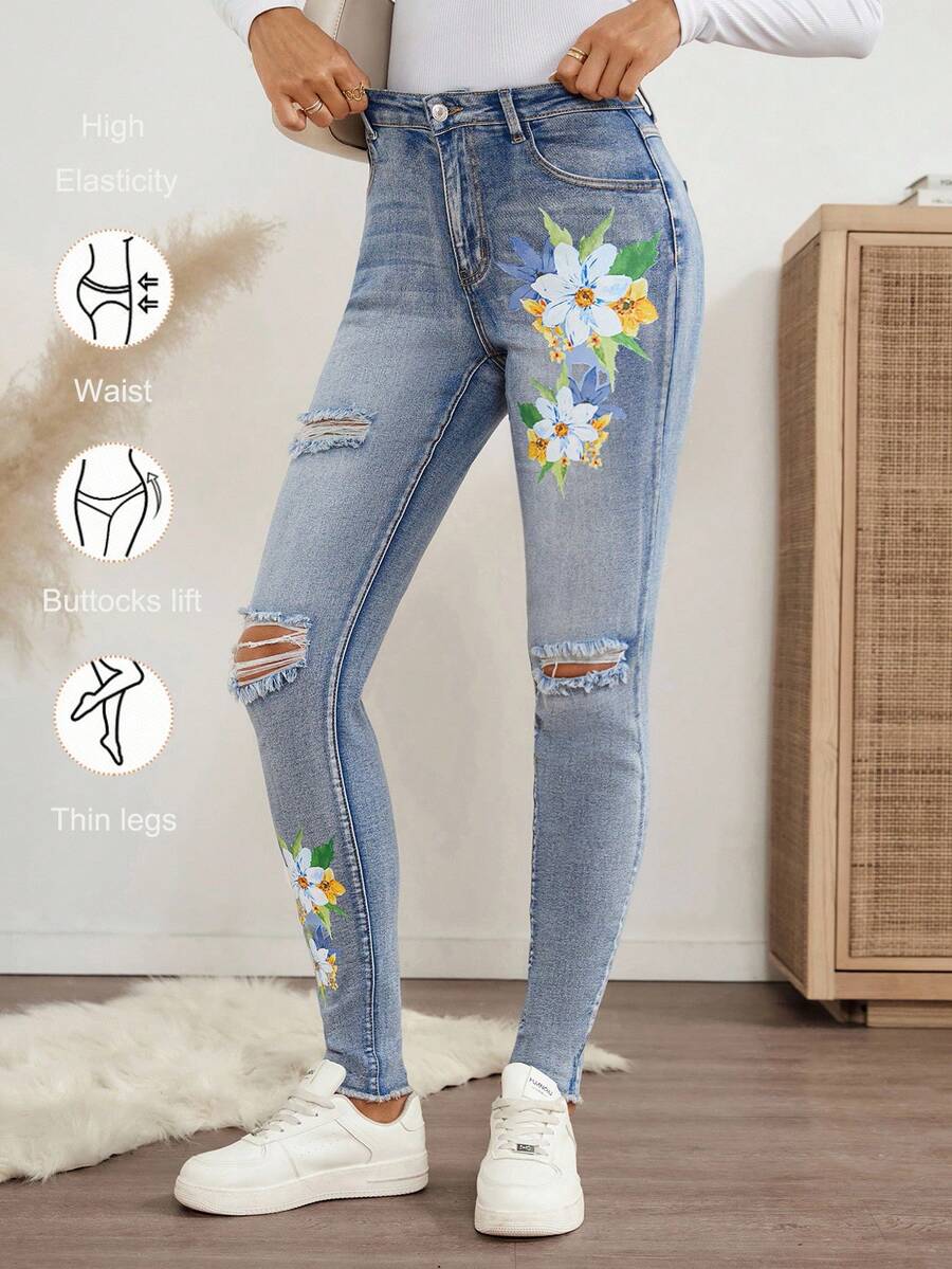 EMERY ROSE Quần Jeans Skinny Họa Tiết Hoa Cho Nữ - Rửa trung bình - Xem 1