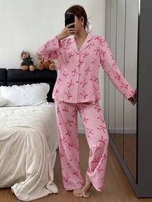 SHEIN 女士领结条纹印花长袖睡衣套装 - 彩色 - 查看 3