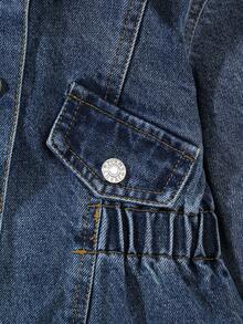 Elladie kids 1 件女童牛仔夹克，休闲时尚可爱中长腰收腰蓝色水洗牛仔夹克，带仿毛领装饰，适合秋冬日常外出 - 中等水洗藍 - 查看 5