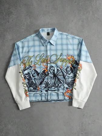 Camisa de manga larga holgada de 2 en 1 con estampado de cuadros y mangas de doble capa para hombre