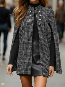 EMERY ROSE Elegant Cloak Outerwear For Christmas Party And Outdoor Occasions, Autumn/Winter - Black and White - View 1