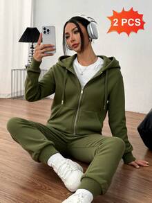 Traje de dos piezas para mujer elegante suéter y pantalones largos - suéter con cremallera de sombrero de extracción de cuerda, 100% tela de poliéster suave y ligera, bolsillo de canguro con pantalones largos elásticos, adecuado para el ocio diario - Verde militar - Ver 2