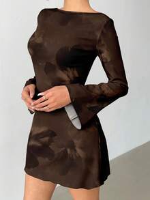 Aloruh Women's Sexy Fashionable Open Back Tie-Up Brown Tie Dye Floral Print Mini Dress, Suitable For Winter - Brown - View 4