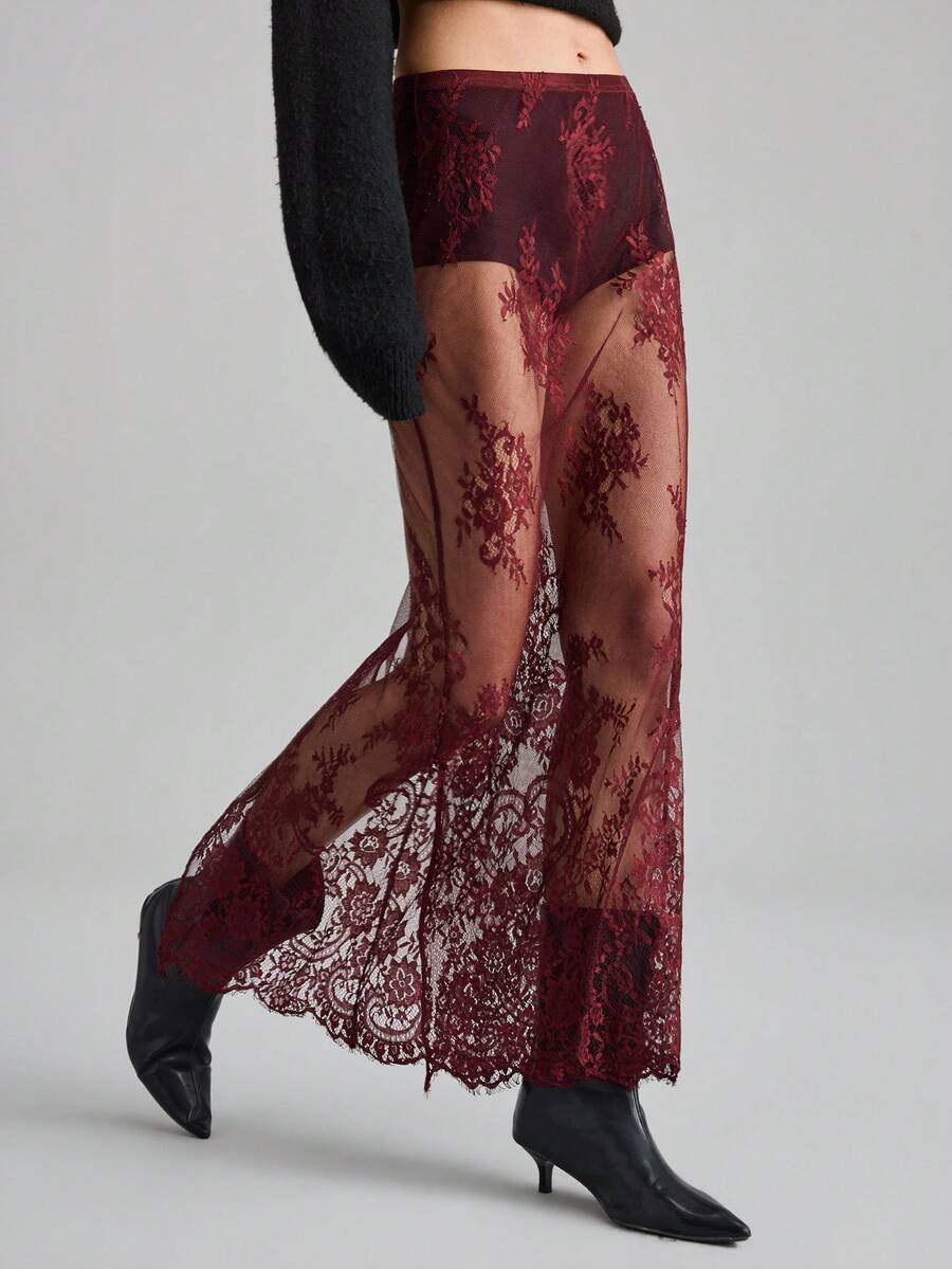 Ontre 2026春夏新款酒红色蕾丝薄纱半身裙，百搭实用，适合都市通勤、商务、休闲、办公、教师、优雅场合、派对、婚礼宾客等各种场合。 - 酒紅色 - 查看 1