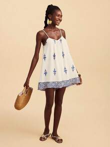 Travachic Bộ đồ liền thân thêu họa tiết dệt cho kỳ nghỉ hè của phụ nữ - Màu xanh lam - Xem 3