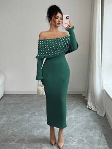 Rafferiza 女款深綠色秋季優雅晚餐約會仿珍珠裝飾露肩大翻領針織長洋裝，蝴蝶結長袖修身毛衣仙女裙 - 綠色 - 查看 5