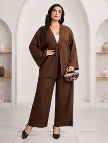 Veilorie 大码女式纯色扭结前襟长袖上衣和阔腿裤优雅阿拉伯套装