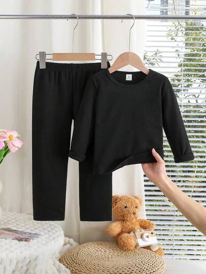 Young Boys Undershirt-Base Layer Set Crewneck Long Sleeve Top Elastic Leggings Black Dark Gray All Season 2026 New Year Essential