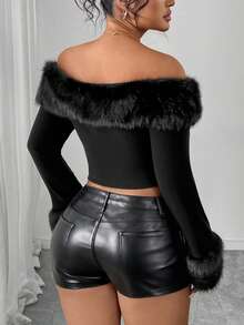 INAWLY Blusa elegante con cremallera y cuello con borde de peluche para mujer de talla grande - Negro - Ver 4