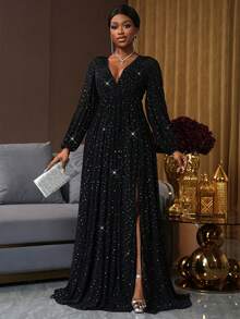 Lunelith SHEIN Lunessa Women's Black Foil Polka Dot Deep V Mesh Long Sleeve Split Dress - Black - View 4
