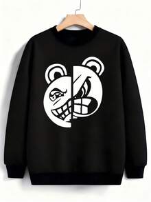 Hombre004 Sudadera de cuello redondo de moda Parte superior de ropa para casa, cómoda y abrigada cálida para otoño e invierno, con envío local desde México Camisa negra con un diseño único de media oso y media cara extraña que cautiva la atención - Negro - Ver 1