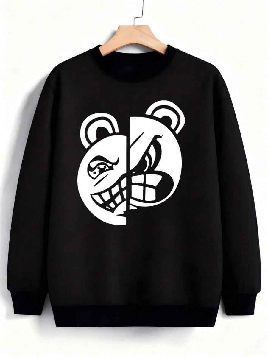 Hombre004 Sudadera de cuello redondo de moda Parte superior de ropa para casa, cómoda y abrigada cálida para otoño e invierno, con envío local desde México Camisa negra con un diseño único de media oso y media cara extraña que cautiva la atención - Negro - Ver 1
