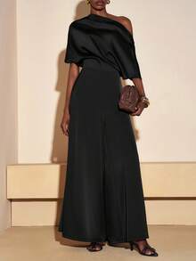 Zivah 2025 Autumn New Music Festival, Easter, St. Patrick's Day, Western, Nomadic, Birthday Party, Graduation Season, College Style, Student Wear, Casual Everyday, Basic Versatile, Casual, Vacation, Cruise Travel, Beach, Sunbathing, Viral , Streetwear, Wedding Guest Boho, Commute, Brunch, Airport, Party, Holiday Outings, Elegant Banquet Asymmetrical Shoulder Asymmetric Design Satin Jumpsuit Wide Leg Pants With Pockets - Black - View 5