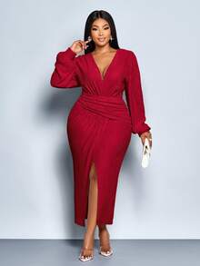 SOLERSUN 大码女装纯色秋冬气质优雅V领不对称交叉下摆泡泡袖连衣裙，适合派对和音乐节，长袖下摆开衩杏色质感面料连衣裙，秋季婚礼宾客礼服，女士优雅连衣裙，舞会礼服，时尚，派对，2026，新年，情人节 - 酒紅色 - 查看 6