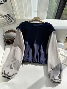 Resyla Women's Casual Contrast Color Drawstring Hem T-Shirt, Autumn - Navy Blue - View 1