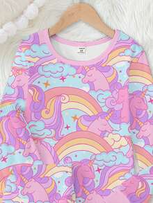 女童独角兽、彩虹、云朵和星星印花撞色针织弹力柔软舒适长袖上衣和打底裤两件套睡衣套装 - 彩色 - 查看 5