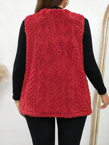 SHEIN LUNE Áo vest hở hai túi phía trước họa tiết lông mềm mại cỡ lớn dành cho nữ, thích hợp mặc vào mùa thu, quần áo thu cỡ lớn - Đỏ - Xem 2