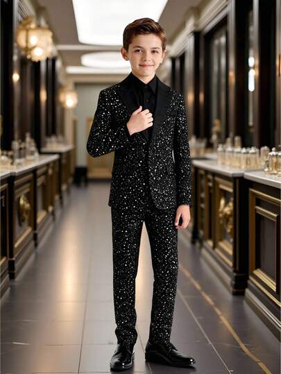2pcs Black Suit Set: Long Sleeve Jacket + Trousers, Shiny Minimalist Casual Outfit, Suitable For Piano/Violin Performances, Weddings, Graduations, Formal Occasions, Gentleman's Attire, Birthday Parties, Evening Events, Performances, Receptions, Wedding Season, Halloween, Christmas, Autumn/Winter Gifts, Valentine's Day Boy's Party Suit, Black Suit Set Teenage Boys Suit Set Suits For Boys Black Black 2 Piece Set For Boys Black Suit For Boys Boy Tuxedo Black