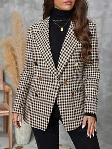 "Blazer de Pata de Gallo con Textura y Hombros Amplios - Estilo Retro, Textura Premium y Adaptable a Diversas Ocasiones" - Café integral - Ver 1