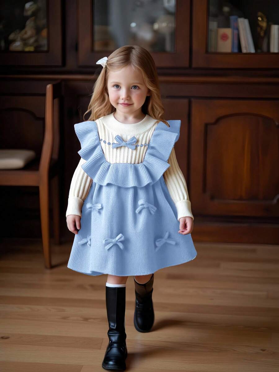 SHEIN Babygirl Colorblock Bow Decor Knit Dress, Suitable For Autumn/Winter - Multicolor - View 1