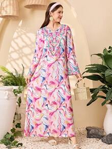 SHEIN 少女休闲度假碎花V领长袖连衣裙 - 彩色 - 查看 6