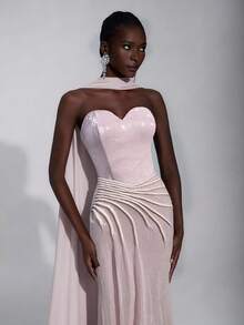 Elitara Women's Elegant Luxurious Deep Red Beaded Embroidered Handmade Drawstring Seashell Collar Slit A-Line Fish Tail Sequin Formal Evening Gown Dress - Baby Pink - View 4