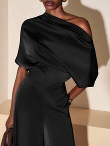 Zivah 2025 Autumn New Music Festival, Easter, St. Patrick's Day, Western, Nomadic, Birthday Party, Graduation Season, College Style, Student Wear, Casual Everyday, Basic Versatile, Casual, Vacation, Cruise Travel, Beach, Sunbathing, Viral , Streetwear, Wedding Guest Boho, Commute, Brunch, Airport, Party, Holiday Outings, Elegant Banquet Asymmetrical Shoulder Asymmetric Design Satin Jumpsuit Wide Leg Pants With Pockets - Black - View 6