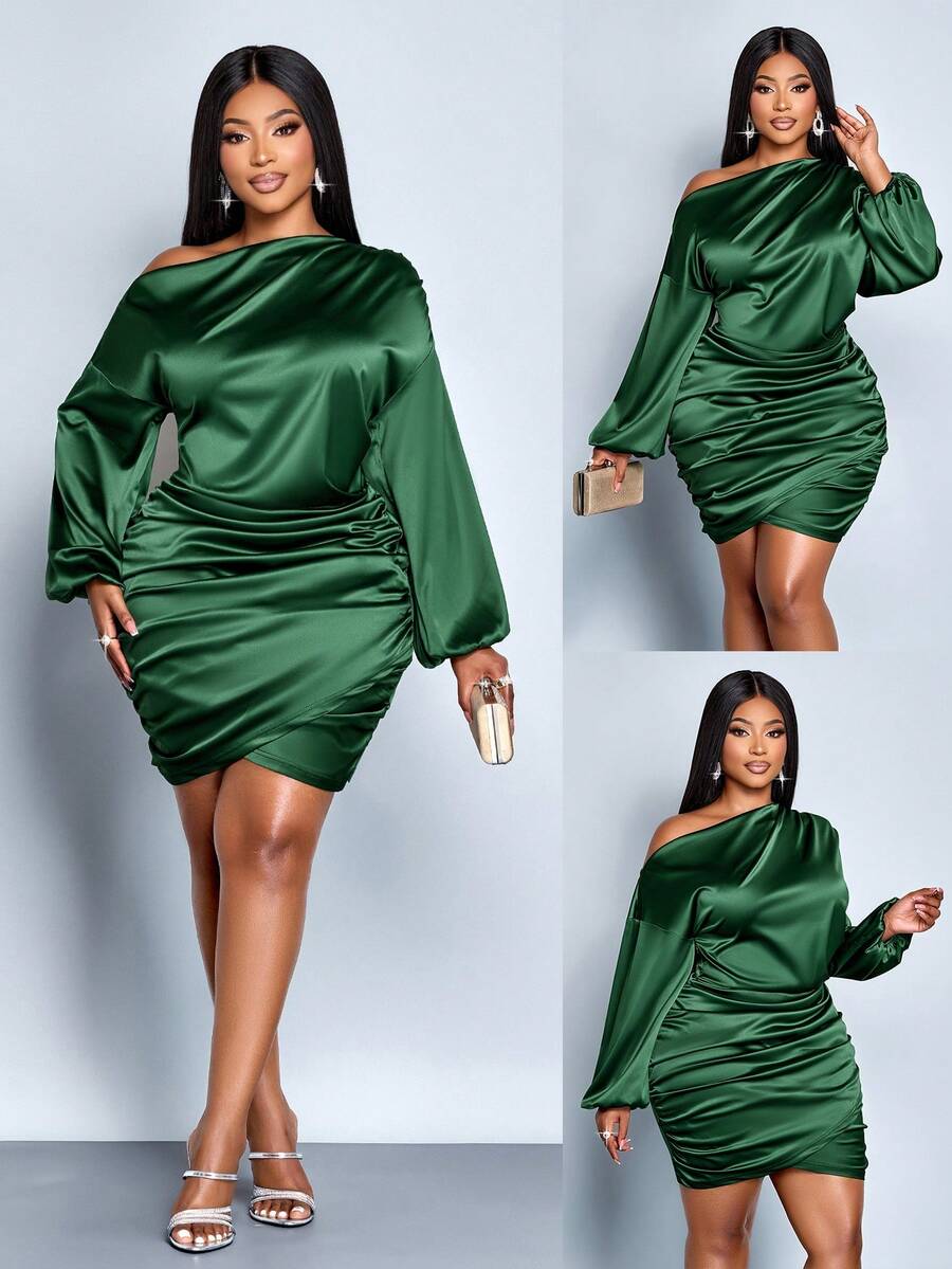 SOLERSUN 女士冬季节日服装女式加大码绿色优雅不对称领口褶皱灯笼袖长袖缎面派对紧身短裙秋季服装，冬季服装 - 墨綠色 - 查看 1