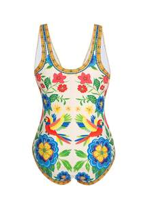 Swim Oasis 大码女士热带印花两件式泳衣，带网纱长裙，深V领设计 - 彩色 - 查看 4