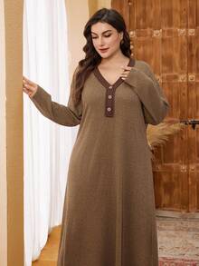 Lacomfia Plus Size Women Casual Loose Fit Crew Neck Textured Patchwork Maxi Sweater Dress, Autumn/Winter - Multicolor - View 6