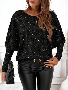 EMERY ROSE Women's Casual Elegant All-Over Print Batwing Sleeve Round Neck T-Shirt, Autumn 3D Printing Black Rhinestone Top Glitter Top Women Black Sparkly Top Black Sequin Top Bling Top - Multicolor - View 4