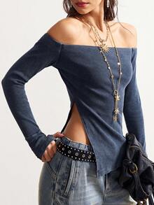 Bohemela 1 Áo thun nữ tay dài lệch vai dệt kim màu trơn - Màu xanh lam - Xem 1