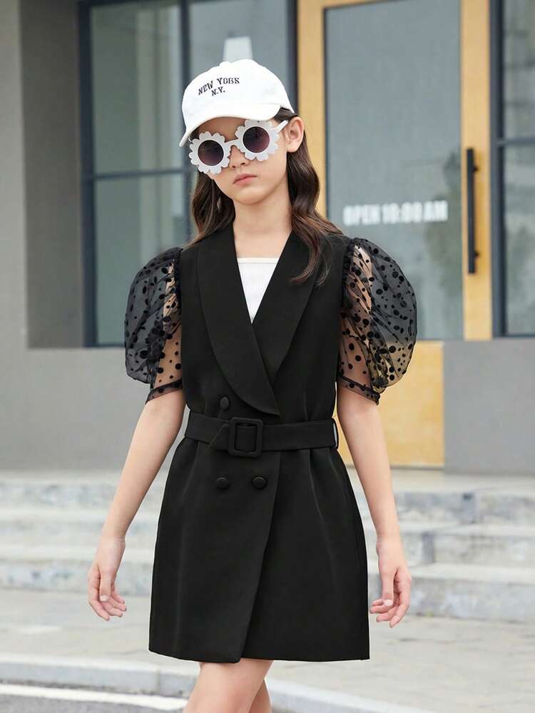 Tween Girls Daily Polka Dot Mesh Contrast Bubble Sleeve Shawl Collar Blazers Style Dress For Street Chic Look