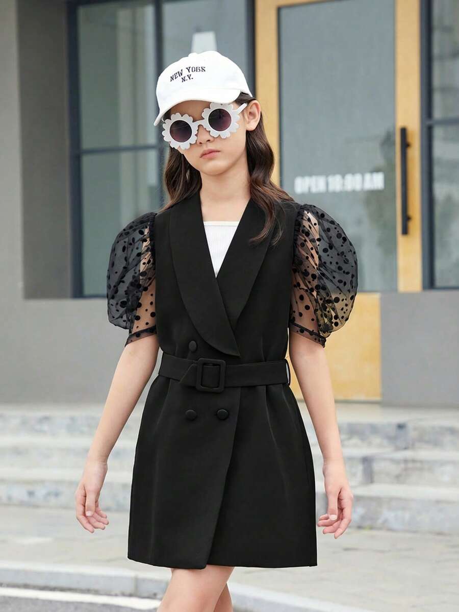 SHEIN Tween Girls Daily Polka Dot Mesh Contrast Bubble Sleeve Shawl Collar Blazers Style Dress For Street Chic Look - Black - View 1