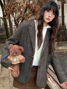 K-Vae 女士人字纹翻领长袖休闲宽松西装外套 - 卡其色 - 查看 3