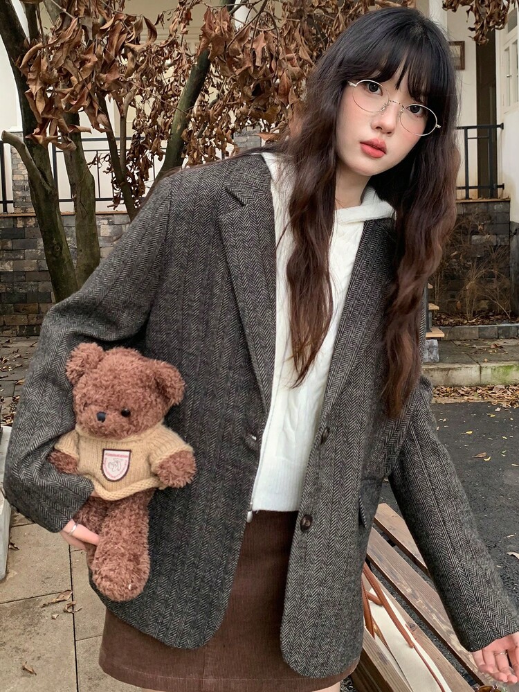 K-Vae Blazer casual holgado de mujer con cuello de solapa y manga larga en espiga - Caqui - Añade 3