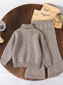 SHEIN Young Girl Casual Cable Knit Turtleneck Sweater And Knit Pants Set - Khaki - View 2