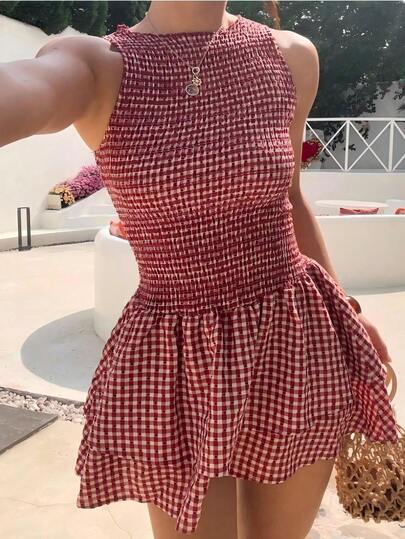 Vestido corto de ajuste ceñido sin mangas con estampado de cuadros azules y cinturón, estilo francés dulce para vacaciones de verano