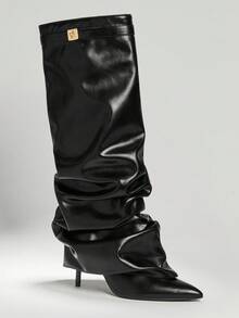 SHUZIA Botas altas hasta la rodilla con tacón sexy y elegante para mujer, con decoración de candado de metal - Negro - Ver 2