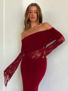 Aloruh Vestido Longo de Manga Comprida com Ombros à Mostra, Renda, Manga Flare e Bainha de Sereia, Vermelho, Ideal para Natal e Ano Novo, Vestido Romântico para Encontros no Dia dos Namorados - Vermelho - Visão 1