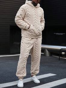 Manfinity CasualCool Men's Casual Plush Hoodie Set, Autumn/Winter Mens Knitted Set Mens Co Ord Set Cream Outfit Men Mens Fleece Set Men 2 Piece Set - Apricot - View 7