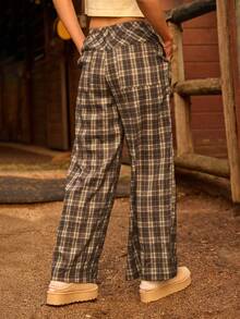 WESTFADE 格纹编织抽绳腰宽松中腰阔腿裤，冬季、波西米亚风、西部风、假日、圣诞节、新年、纳什维尔牛仔风、休闲、可爱 - 棕色 - 查看 6