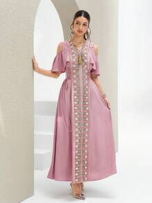 Al Najma Women's Solid Color Patchwork Fringe Detail Minimalist Long Arabic Style Dress, Arabian Dresses Romantic Young Pink Dress - Pink - View 4