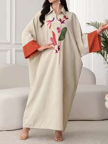 SHEIN Najma CURVE 大码优雅领蝙蝠袖撞色刺绣袖口连衣裙 - 彩色 - 查看 8