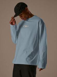 Musero 男士宽松圆领印花长袖上衣 春夏款 - 霧霾藍 - 查看 3