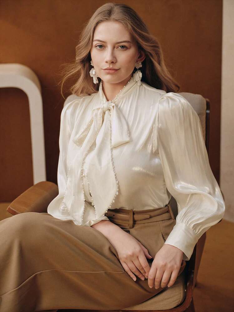 Valentine Women's Elegant Blouse, Loose Fit Long Sleeve Tie Bow Plus Size Top In Apricot