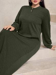 Modelyn Women's Casual Loose Textured Fabric Round Neck Long Dress, Navy Blue, Autumn/Winter - Army Green - View 6