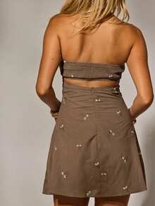 Aralina Women's Autumn/Winter/Summer Casual Boho Y2K Embroidered Cute And Sexy Floral Strapless Mini Dress With Open Back Perfect Going Out Dress And Country Concert Outfit And Church Outfit - Chocolate Brown - View 2